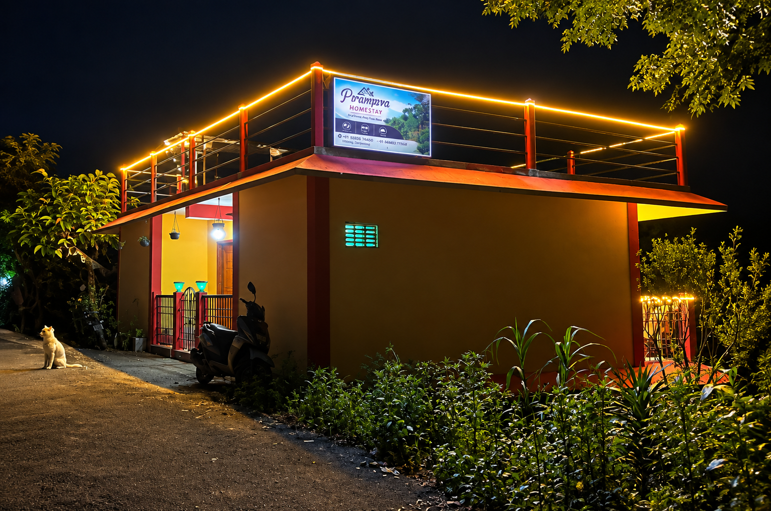 Homestay exterior at night